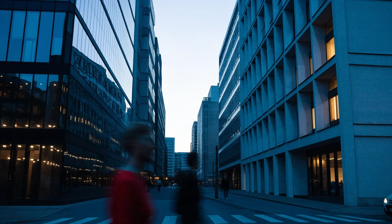 Büroviertel in München am Abend mit beleuchteten Fenstern