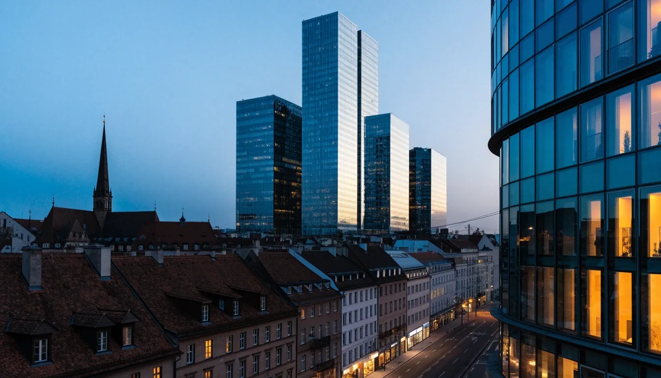 Finanzviertel in München in der Abenddämmerung