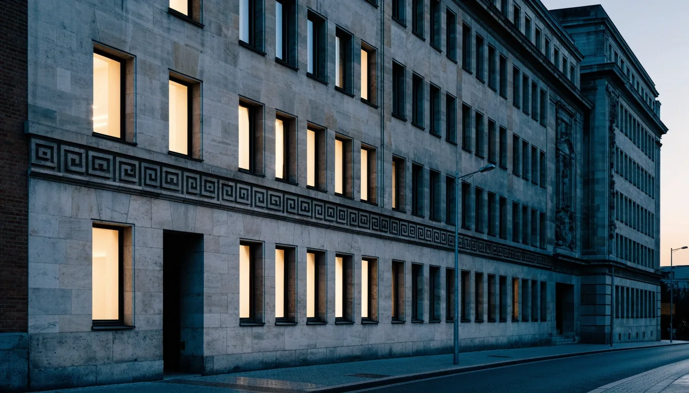 Geschäftsgebäude in München in der Abenddämmerung