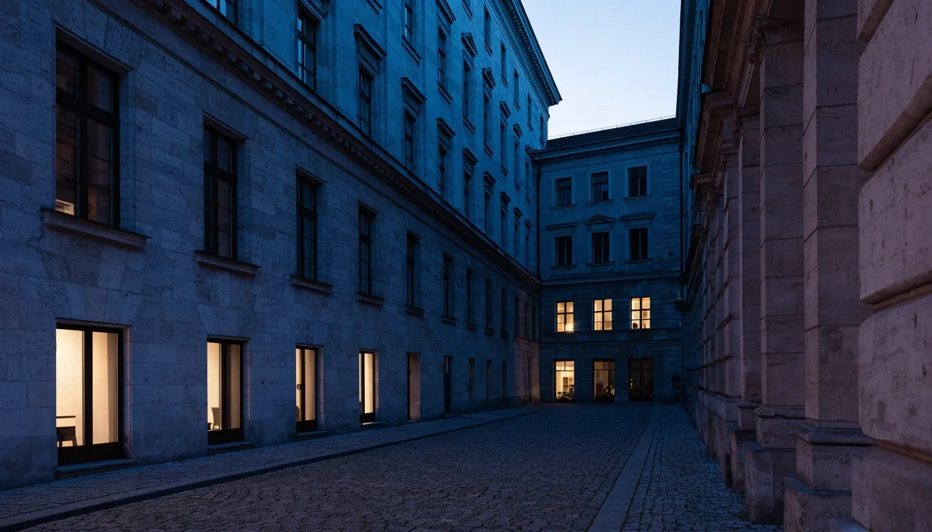 Geschäftsgebäude in München in der Abenddämmerung